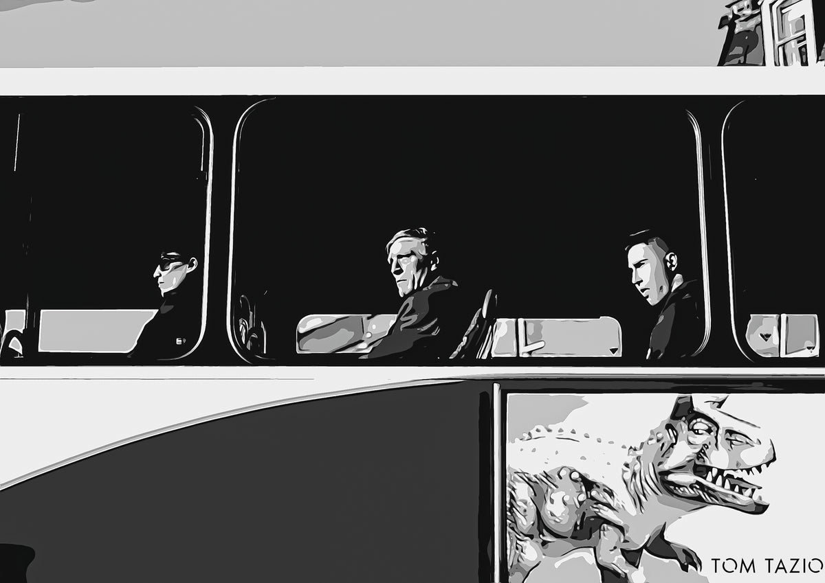 On board the bus. Black and white print