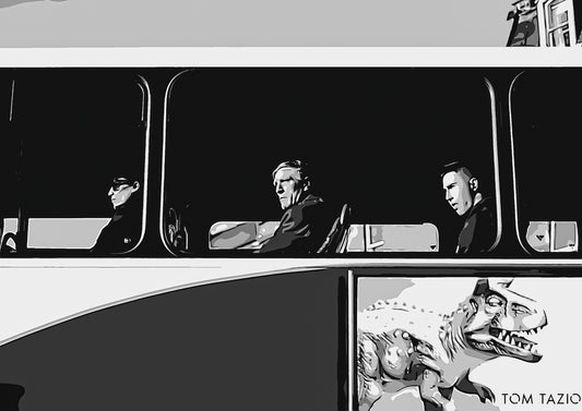 On board the bus. Black and white print